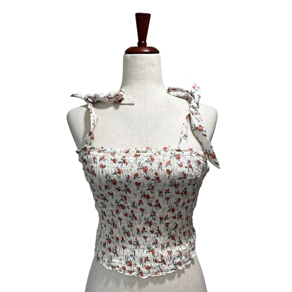 Abercrombie & Fitch Women's Small Smocked Peach Print Top Tie Shoulder Cami